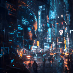 Obraz premium Cyberpunk Cityscape: Neon Lights & AI Isolated on Transparent Background