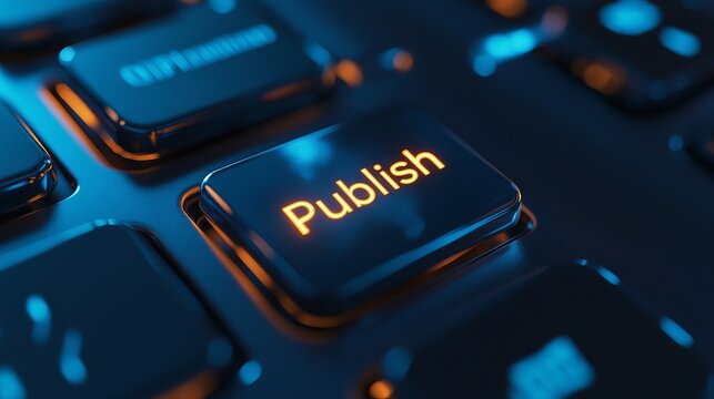 Closeup View of a Modern Keyboard Button with Glowing Orange Publish Text Dark Blue Background Professional Technology Digital Image High Resolution  