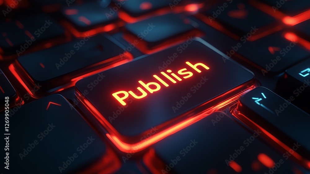 Poster red illuminated publish button on modern black keyboard digital technology concept online publishing