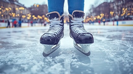 Ice skates on frozen lake, city background, winter fun