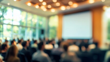 Corporate Seminar Blur: A blurred background of a corporate seminar or training session in a conference hall, with attendees. 