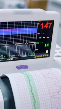 Monitor of the cardiograph working. Device for heart examination and diagnostics. Top view close up. Vertical video