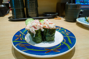 Vegetable sushi in Osaka in Asia, Japan, Kansai, Osaka, in summer, on a sunny day.