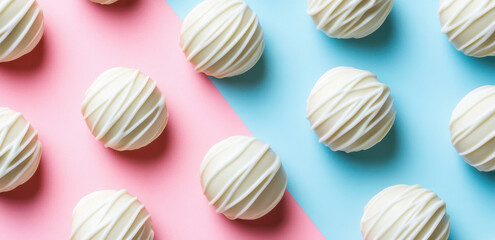 Obraz premium A delightful arrangement of white chocolate truffles is showcased on contrasting pink and blue backgrounds, highlighting their tempting design