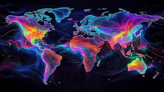 Global Network Connections Vibrant Data Visualization of International Flow on a World Map