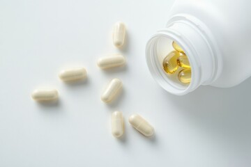 Capsules spilling from a white bottle on a clean surface, capturing moments of wellness and care isolated on transparent background