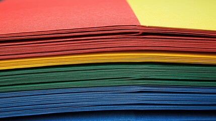 Colorful Paper Sheets Stacked; close-up view of layered vibrant colored sheets.  Possible use educational supplies, arts and crafts
