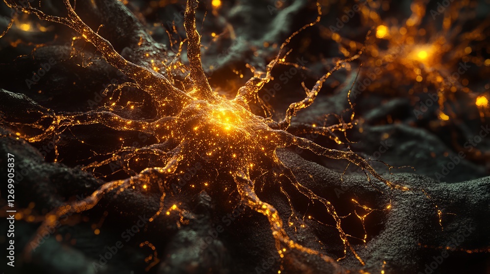 Poster abstract neural network glowing orange dark background digital art science technology futuristic net