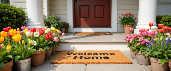 Welcome Home Mat Surrounded by Colorful Potted Tulips and Flowers Creates a Bright, Inviting Atmosphere on a Sunny Spring Day at a Charming Front Porch