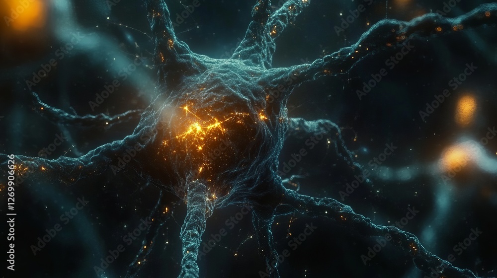 Poster abstract neuron cell artistic rendering deep blue orange glowing neural network digital art microsco