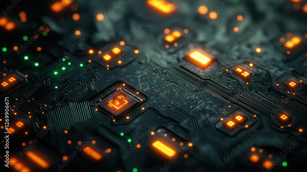 Poster illuminated circuit board close-up. tech background