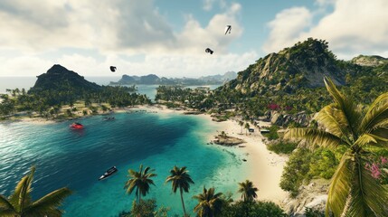 Fototapeta premium Stunning Tropical Island Paradise: Serene Coastal Scenery with Lush Vegetation and Picturesque Views