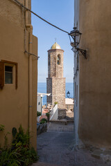 The alleys of the city center and the cathedral in Castelsardo in Europe, Italy, Sardinia,...