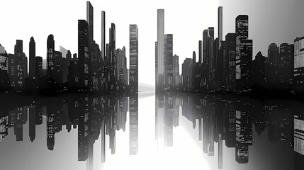 Futuristic cityscape: endless skyscrapers in monochrome metropolis. Mirrored Infinity Towers. Illustration