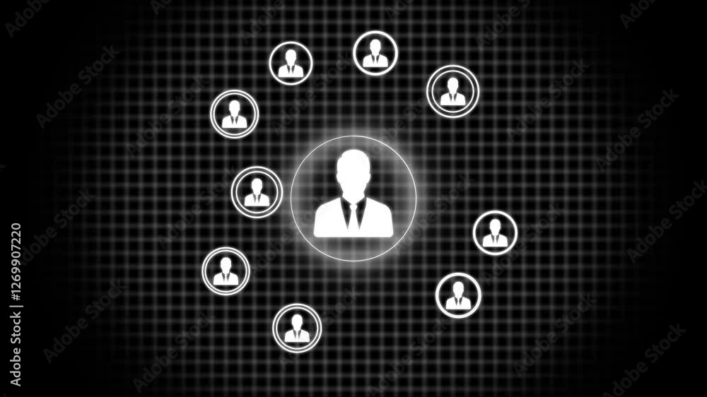 Poster network system, network connections with people icons and man icon animation. animation of network c