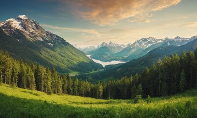Breathtaking view of mountains and lush green valleys during sunset, creating a serene and tranquil mood.