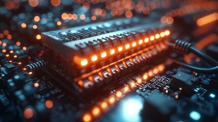 Illuminated circuit board, data processing, tech background, server room, tech concept