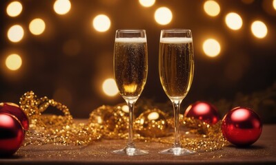 Two elegant champagne flutes filled with bubbly, golden champagne, surrounded by festive decorations for a celebration.