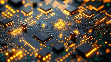 Illuminated Circuit Board Close-up. Technology Background