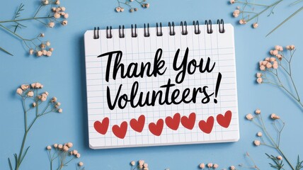 A spiral notebook features the words thank you volunteers