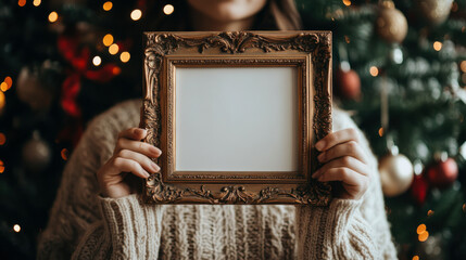 Person holding empty ornate frame in front of decorated Christmas tree with warm lights