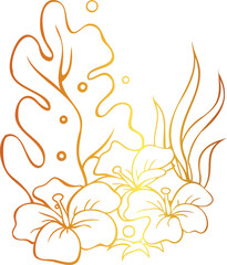 Golden Gradient Coral Reef and Botanical Flowers Combination Line Art Book Vector Design