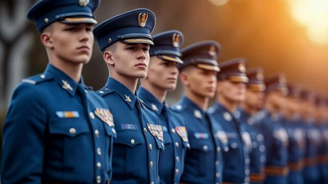 Young Caucasian adult male air force cadets in formal blue uniforms stand in formation at an Air Force Academy Day ceremony. The sun shines brightly in the background.