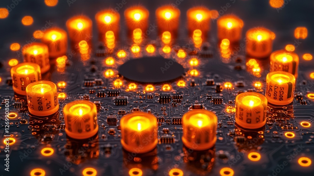 Poster illuminated circuit board with glowing components, technology background, for tech articles