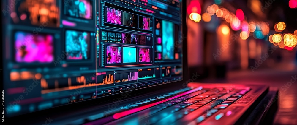 Poster a computer monitor showing the process of photo and video editing with a modern software background 