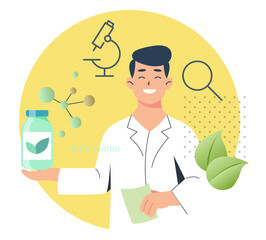 Pharmacist with Plant Based Pharmacy Drug Formulation - Stock Illustration