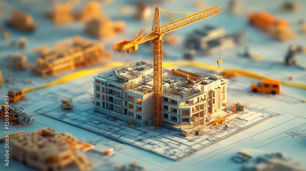 Poster architectural model design paper featuring a 3d draft illustration of a building construction for a 