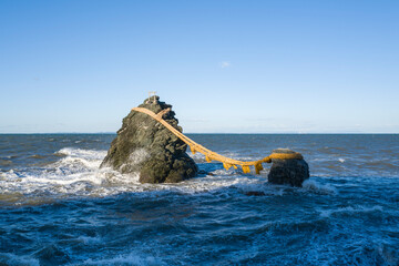 The Meoto Iwa rocks of Futamiokitama Shrine in Ise, Asia, Japan, Kansai, Ise, in summer, on a sunny...