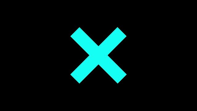 Animated false or incorrect cross symbol on black background. X mark icon glowing neon animation black background.
