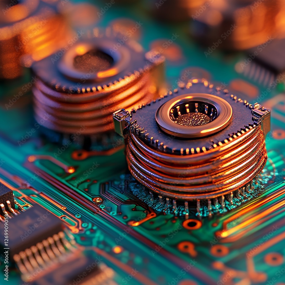 Poster the circuit board contains a complex toroidal inductor with a copper wire core, surrounded by variou