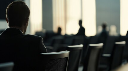 Corporate Seminar Blur: A blurred background of a corporate seminar or training session in a conference hall, with attendees. 