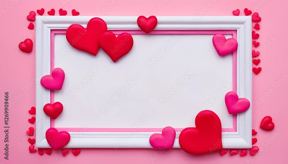Poster a playful heart-themed frame showcases a variety of red and pink hearts on a soft pink background, p