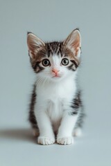 Cute Tabby Kitten Sitting Upright on White Seamless Background, Studio Shot, High Resolution