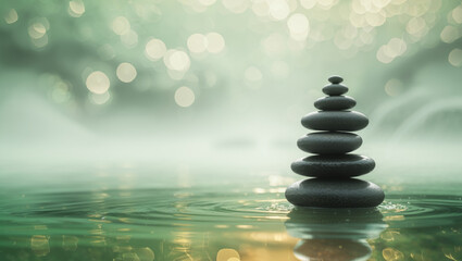 Obraz premium Balance and harmony displayed by stacked stones in tranquil water, surrounded by lush bamboo and gentle reflections of nature at dawn