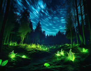 Fototapeta premium A night vision image showing the glowing eyes of nocturnal animals in a forest.