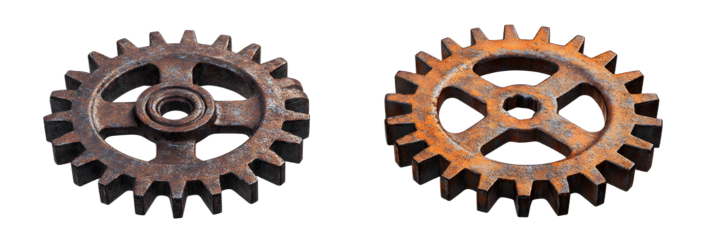 Rusty gears set isolated on transparent background, old metal gears for machinery and industry