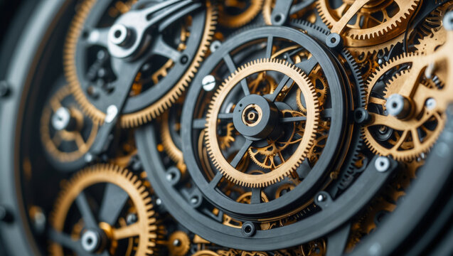 Intricate mechanical watch showcasing inner workings with precise gears, cogs, and springs in a close-up view