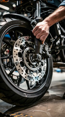 Close-up of a mechanic working on a motorcycle wheel in a garage.