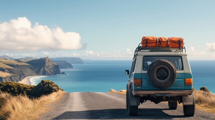 SUV parked near a scenic coastal road with an ocean view, ready for a road trip. sea travel on the car. copy space