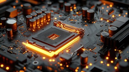 Illuminated CPU socket on motherboard; tech background; computer hardware