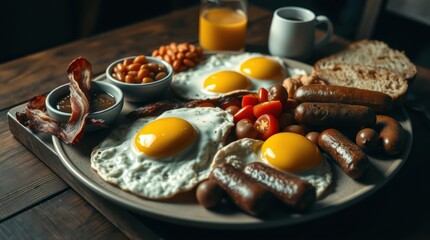 Hearty breakfast plate with eggs, sausages, bacon, beans, tomatoes, bread, and a drink.