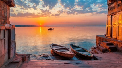 Varanasi, a city known for its ancient architecture, is home to the sacred Manikarnika ghat in India, a breathtaking sight at sunset