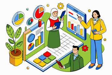 Arab business team discussing financial strategy and data visualization