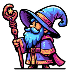 Colorful cartoon wizard with staff on transparent background
