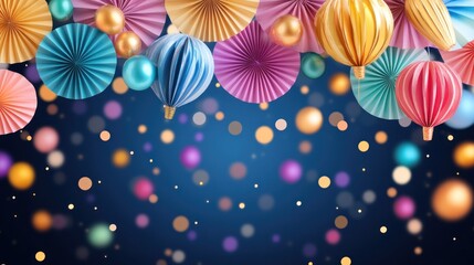 Naklejka premium Festive decoration with colorful paper fans and balloons hanging above