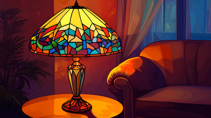 Elegant stained glass lamp illuminating a cozy interior space. Electric Stained Glass. Illustration